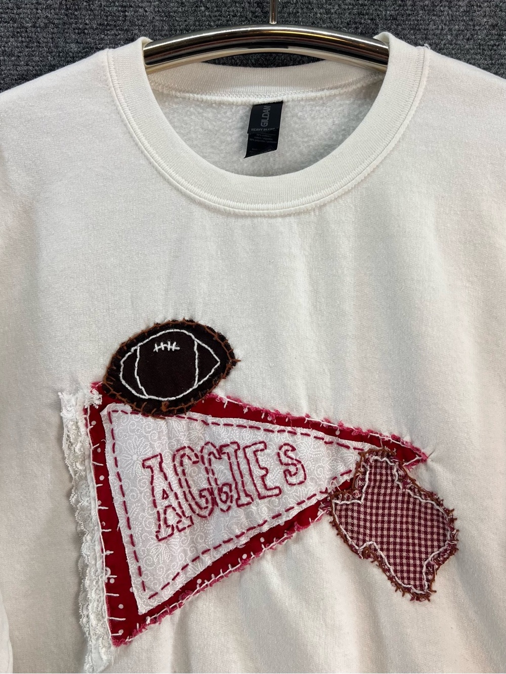 Vtg Texas A&M Aggies Crewneck Sweatshirt MED Homemade Patchwork Lace Grannycore